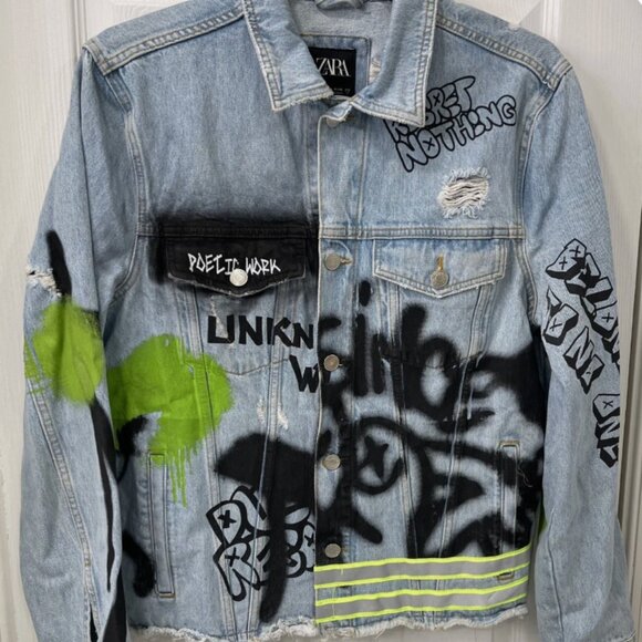 ZARA Denim Jacket NWOT MEDIUM Graffiti WOMEN - Picture 8 of 11